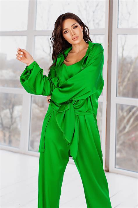 Spring Green Silk Pant Suit For Women Satin Three Piece Etsy