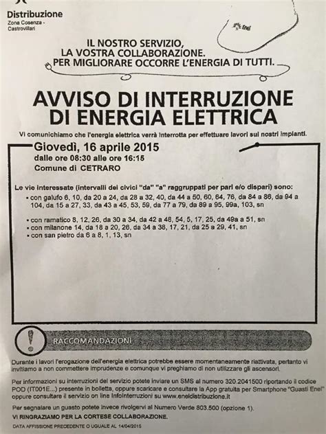 Avviso Di Interruzione Energia Elettrica Le Zone Interessate Cetraro