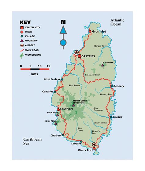 Elevation map of Saint Lucia with roads, cities and airports | Saint ...