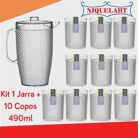 Kit 1 Jarra 3l E 10 Copos Acrílico Resistente Crystal 490 Ml 437 e 610