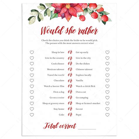 What Would She Rather Bridal Shower Game Printable Instant Download