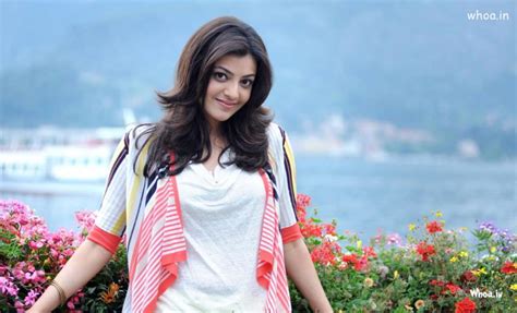 Kajal Agarwal In Pink And White Top With Natural Background Photoshoot