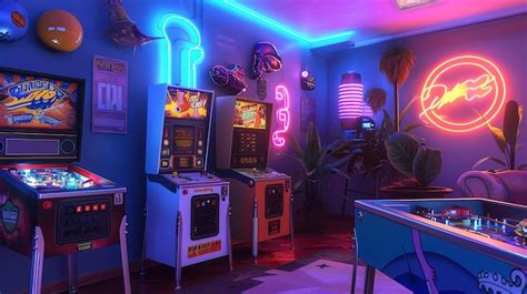 Premium Photo A Retro Arcade With Neon Lights And Vintage Pinball