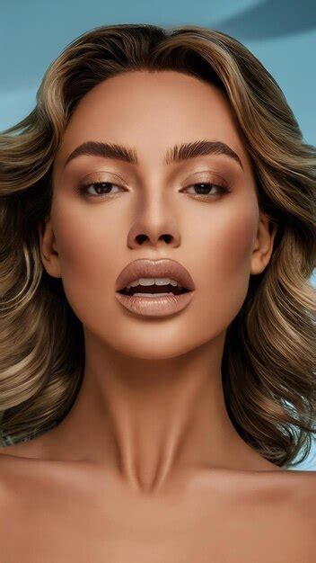 Close Beauty Portrait Of A Topless Woman With Perfect Skin And Natural Make Up Plump Nude Lips