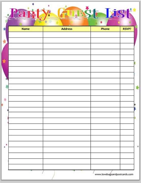 Free Printable Birthday Party Guest List Planner Birthday Party