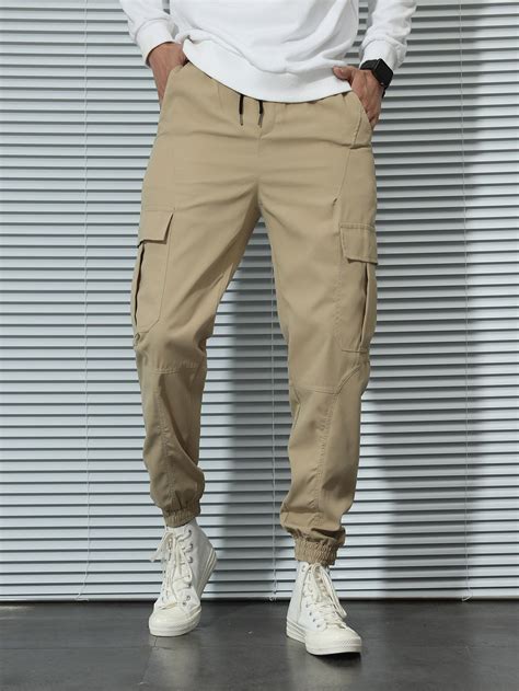 Men Drawstring Waist Flap Pocket Cargo Trousers Khaki Cargo Pants Outfit Pants Outfit Men