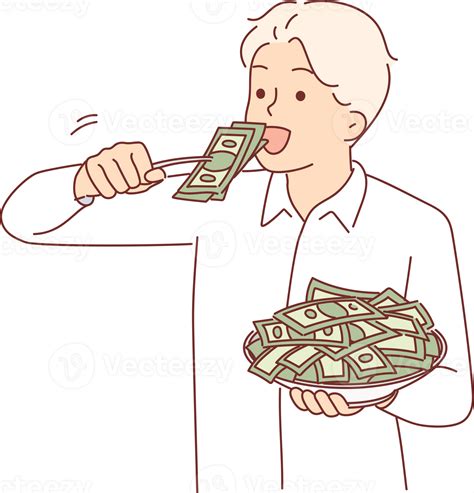 Greedy man eats money from plate, symbolizing greed and ambition for