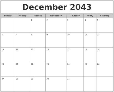 December 2043 Free Monthly Calendar