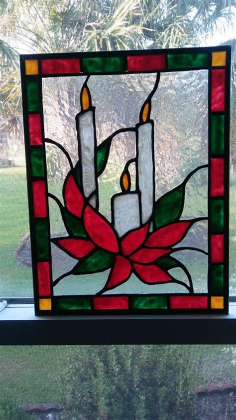 Christmas Candles Stained Glass Window Panel Hand Painted Etsy