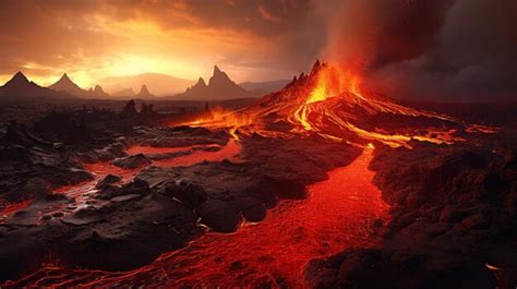 Premium AI Image | A fiery landscape with a red volcano in the background