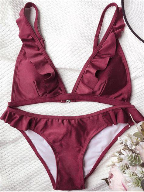 Off Plunging Neck Ruffles Bikini Set In Burgundy Zaful