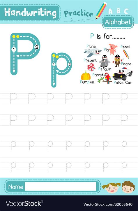 Letter p uppercase and lowercase tracing practice Vector Image 