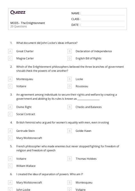 50 The Enlightenment Worksheets For 10th Grade On Quizizz Free And Printable