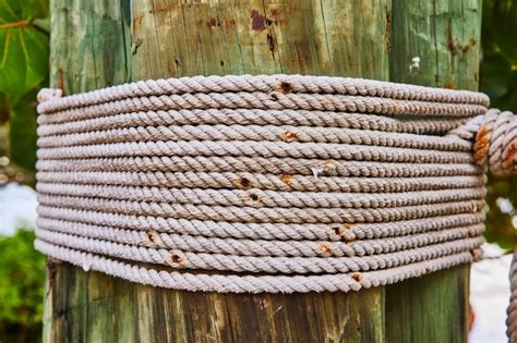 Premium Photo Weathered Wooden Post With Thick Rope And Green Foliage