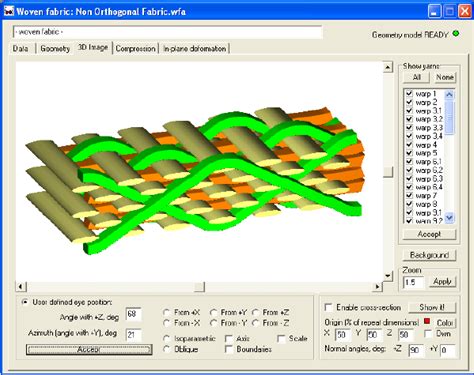 WiseTex model of A/T fabric; warp Z-yarns (green), warp S-yarns ...