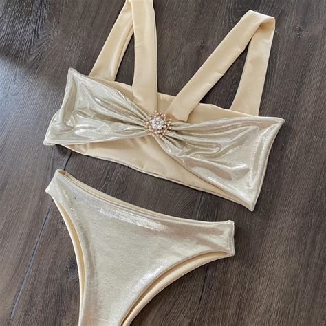 Brand New Metallic Gold Sparkly Bikini With Bikini Depop