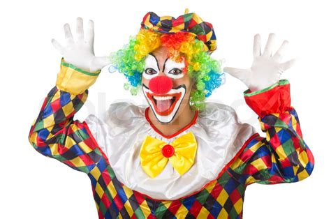 Lustiger Clown auf weißem Hintergrund Stock Bild Colourbox