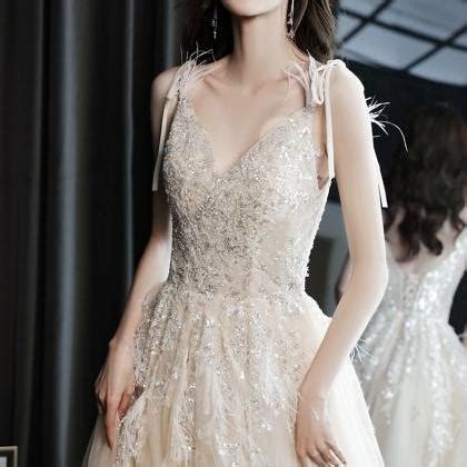 Champagne V Neck Tulle Beads Long Prom Dress Evening Dress On Luulla