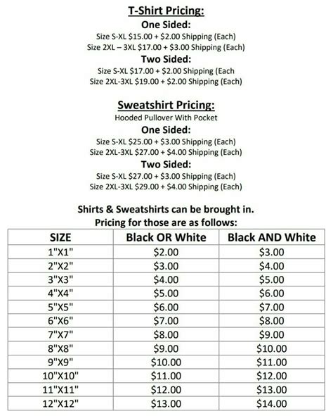 Vinyl Pricing Vinyl Shirts Pricing Chart Cricut Tutorials