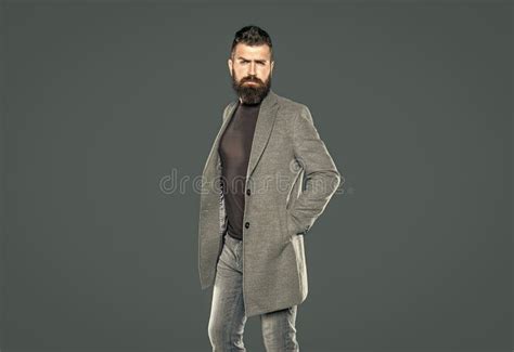 Bearded Mature Man Wear Casual Jacket On Grey Background Stock Image Image Of Confidence