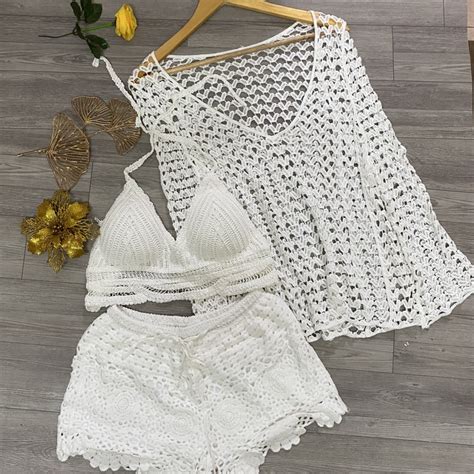 34 Set bikini ren móc đi biển 3 món gồm choàng cổ tim bra quần sóc hoa