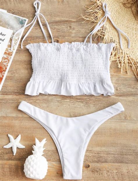 Self Tie Smocked High Cut Bikini Set White Women S Fashion Swimwear