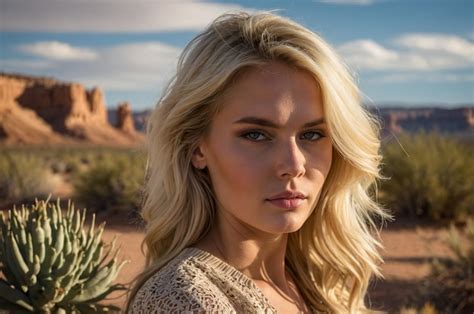 A Beautiful Blonde Model Poses In A Desert Environment In Southern Utah Premium AI Generated Image