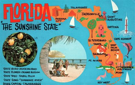 Vintage Postcard Map Of Florida The Sunshine State Mailed Mineral