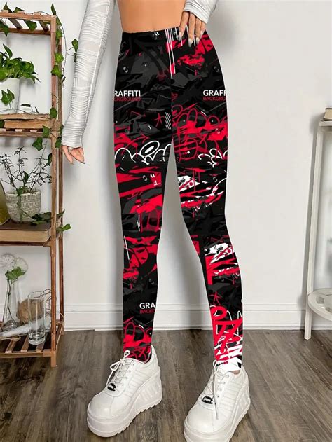 Graffiti Print Skinny Leggings Casual Every Day Stretchy Temu