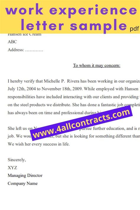 Sample Work Experience Letter PDF