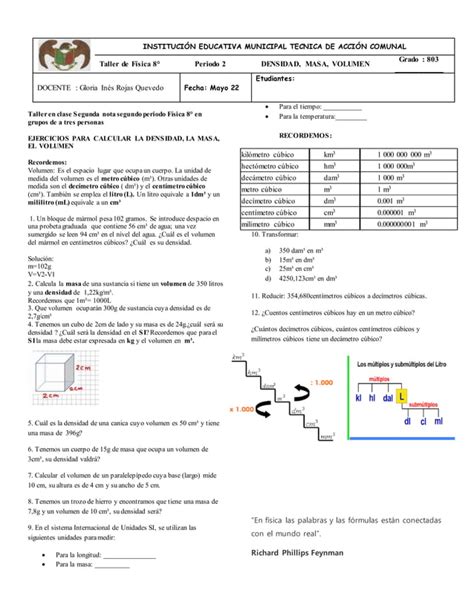 Taler N Ejercicios Para Calcular Masa Volumen Densidad Pdf