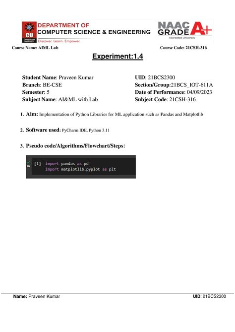 Aiml 1 - WORKSHEET - Experiment:1. Student Name: Praveen Kumar Branch ...