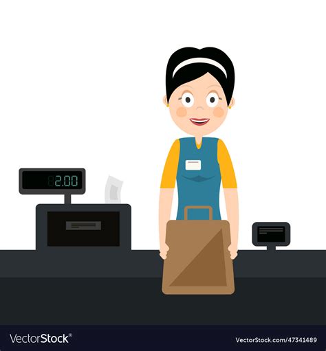 Shop Assistant In Supermarket With Cash Box Vector Image