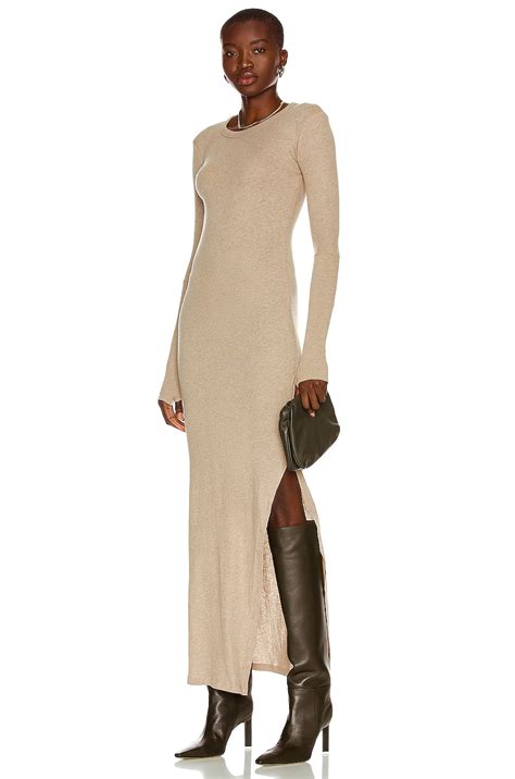 Enza Costa Cashmere Long Sleeve Crew Slit Maxi Dress In Khaki Fwrd