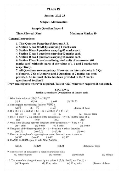 Cbse 9th Maths Model Question Paper