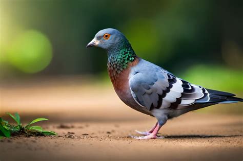 Una Paloma Con Un Ojo Verde Y Plumas Azules Se Encuentra En Un Suelo De