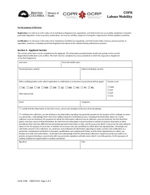 Fillable Online BC EMA Licensing Board COPR Labour Mobility Form BC