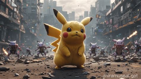 Cyberpunk Pikachu And Mewtwo Clash Amidst Volumetric Battleground Muse Ai