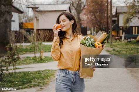 421 Woman With Fresh Vegetables In Paper Bag Stock Photos High Res