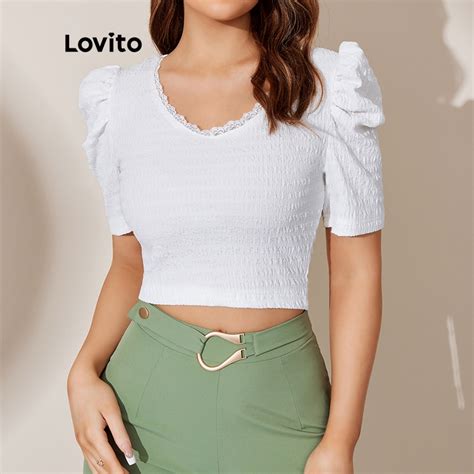 Lovito Elegant Camiseta Lisa Manga Bufante Nó Meia taça L27LD076