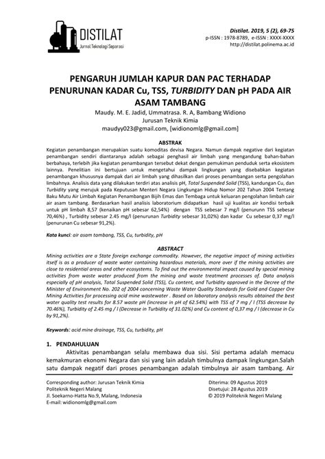 PDF PENGARUH JUMLAH KAPUR DAN PAC TERHADAP PENURUNAN KADAR Cu TSS