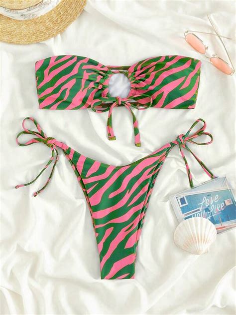 Shein Swim Vcay Zebra Stripe Bandeau Tie Side Bikini Swimsuit Shein Usa