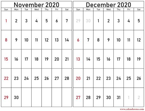 November And December 2020 Calendar