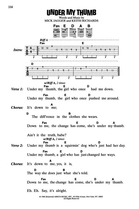 Under My Thumb Sheet Music By The Rolling Stones Guitar Chords Lyrics