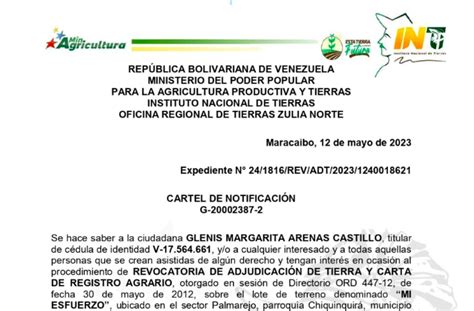 Inti Cartel De Notificaci N De Revocatoria A Glenis Margarita Arenas