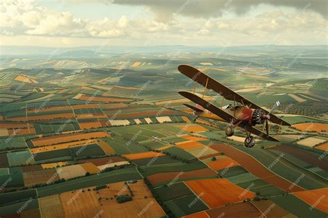 Premium Photo Vintage Biplane Flying Over A Patchwork Of Colorfu