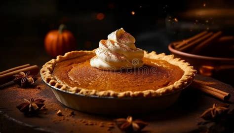 Homemade Pumpkin Pie With Whipped Cream And Autumn Spice Decoration