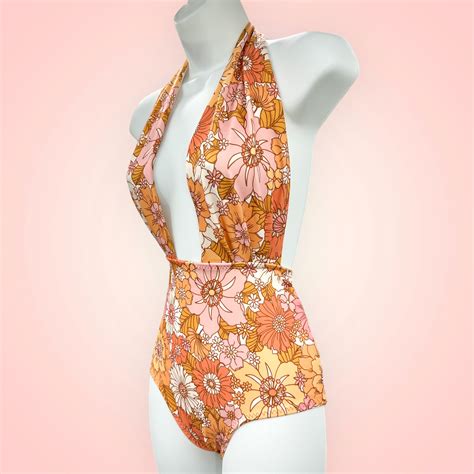 Floral 70s One Piece Swimsuit: Handmade Recycled Eco-friendly Maillot