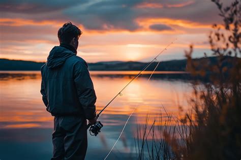 Premium Photo Young Man Fishing On A Lake At Sunset And Enjoying Hobby