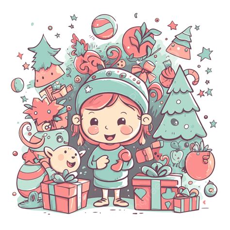 Christmas Drawing Vector Sticker Clipart Christmas Cartoon Girl In Hat